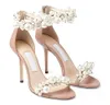 Summer Pearl Rhinestone Embellished Sandals Women's High Heels White Black Pink Nude Leather Lace Up Perfect Party Wedding Sandal EU35-43