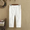 Pants Plus Size Set High Waist Quality Elastic Cotton Fabric And Hole Design Knee-Length
