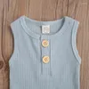 Kledingsets Lioraitiin 0-24m geboren baby Baby Boy Girl geribbeld Romper Suit mouwloze ronde nek elastische hoofdshorts met knoop