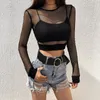 Kvinnors T-skjortor Sexig Black Hollow Out Mesh T-shirt Kvinnlig Skinny Crop Top 2023 Fashion Summer Basic Tops for Women Fishnet Shirt