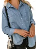 Women's Blouses Denim Shirt Autumn Loose Double Pocket Long-sleeved Solid Color Lapel Button-Up Blouse Camisa De Mujer