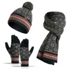 Boinas de chapéu de malha de inverno Lenço e luvas para homens, mulheres engrossem mais lã com luvas de tela de toque de bola peluda