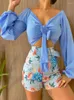 المسارات النسائية 2023 Summer Women Slim Sets Printing Top Top Top Long Lantern Sleeve Shorts Belt Ladies Outfit Hollow Out Out-Up