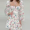 Casual Dresses Floral A-line Dress With Neck Puffed Seeves