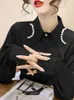 Camicette da donna Frenchy High-end Vintage a maniche lunghe in raso Camicie con bottoni sul collo con perline Moda coreana Brillante Shinny Autunno Top