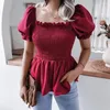 Women's T Shirts Women Tops Lantern Peplum Sleeve Blouses 2023 Solid Summer Ruffle Hem Slim Chiffon Female Clothing