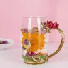 Muggar Creative Blue Pink Emamel Crystal Tea Cup Coffee Farterfly Flower Paint Clear Glass Water Mug Cups With Spoon For Home