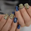 False Nails Short Metal Designed 3D Fake Nail Tips Square Rhinestone Luxuriant Art Product Blue Acrylic Press On