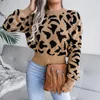 Kvinnors tröjor Autumn Leopard Print Croped Sweater Crew Hals Full ärm stickad pullover tops rock kvinnor kläder fall vintern