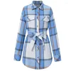 Damesjassen vrouwen herfst winter plaid jas met lange mouwen shirt met riem met riem een ​​enkele borting vrouwelijke casual overjas streetwear