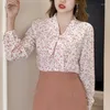 Blouses voor dames vaat chiffon blouse dames 2023 mode Koreaanse stijl roze dot top dames lange mouw blusas mujer tops 2642