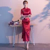 Etnische kleding Bourgondië Elegante korte mouw Long Cheongsam Lady Sexy Slim Chinese avondfeestjurk Exquise Button Trim Novate Qipao