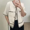 Women's Jackets Vintage V-neck Edging Chic Single-breasted Loose Pockets Short-sleeved Tweed Short Jacket Women 2023 Sprng Summer