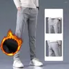 Men's Pants Stylish Men Pockets Plus Size Winter Trousers Solid Color Plush Lined Drawstring Casual Office