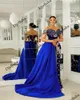 Partykleider Luxus Blau Schulterfrei Ärmelloses formelles Abendkleid Blumendruck Perlen Kristall Samt Meerjungfrau Lange Kleider