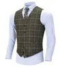 Men's Vests Tweed Mens Business Plaid Wool Army Green Vest Slim Fit Single-breasted Cotton Suit Waistcoat For Wedding Groomsmen