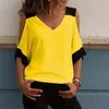 Women's T Shirts Women's Patchwork Cold Shoulder T-shirt 5xl Toppar V-Neck Half Sleeve Female Tee Shirt Summer Casual For Women