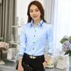 Blouses femininas 2023 Gaoke OL Work Use Blusa Blata Azul branca colar de manga longa colar