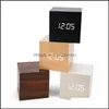 Desk Table Clocks Mini Digital Wooden Led Alarm Clock Wood Retro Glow Desktop Decor Voice Control Sn Function Calender Drop Delive Oto1Z