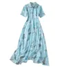 캐주얼 드레스 인쇄 된 꽃 빈티지 주름 파란색 여성을위한 파란색 2023 여름 활주로 우아한 짧은 소매 쉬폰 맥시 드레스 여성
