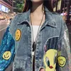 レディースジャケット韓国のルーズデニムジャケットY2Kコート女性春と秋の漫画スパンコールステッチ刺繍ストリートウェアヒップホップ
