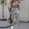 Zweiteilige Damen-Hosen, 2-teiliges Set, Sweatshirt-Set, karierter Druck, Kordelzug, warm, V-Ausschnitt, Taschen, Herbst-Trainingsanzug für Damen für den täglichen Gebrauch