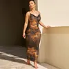 Vestidos casuales de verano ceñido al cuerpo estampado Halter vendaje vestido de malla transparente sin espalda ajustado Maxi largo para Mujer 2023 Vestidos de fiesta Mujer