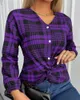 Camicette da donna Autunno Camicia casual da donna Stampa scozzese Abiti con scollo a V Manica lunga Camicetta rossa Moda Primavera Blu Top Donna Streetwear