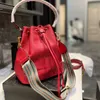 Soft Bucket Bag Triangle Sign Genuine Leather Crossbody Bags Drawstring Closure Handbag Purse Detachable Woven Shoulder Strap Tote