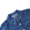 Blusas de mujer Vintage lavadas con borde azul oscuro cuello de muñeca camisa vaquera de manga larga informal holgada de otoño