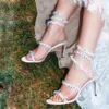 Rene Caovilla Stiletto Crystal Decoration Sandals 여성 이브닝 드레스 슈즈 9.5cm 자주색 꽃 뱀 래피어 랩 어라운드 디자이너 여성 발 뒤꿈치