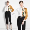 Women's Blouses Summer Fall White Hand-painted Geometric Print Long Sleeve OL Womens Party Casual Fashion Elegant Temperament Top Shirts