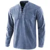 Mens Casual Shirts Men Shirt Solid Color Lace Up Vintage Men Long Sleeve Pullover Shirts Male Casual Handsome Oxford Shirt S3XL 230114