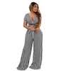 Tweedelige broek voor dames 2023 Zomer vrouwen gestreepte print Casual fitness tracksuit set outfits korte mouw crop tops broek Flare 2