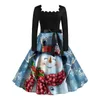 Casual Dresses Winter Christmas Womens Classic Dress Long Sleeve Snowman Print med Belt Swing Cocktail Party Vestido