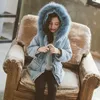 Jackets Autumn Winter Girls Plus Velvet Denim Jacket Big Kids Fur Collar Thickening Waist Coat Children Hooded Warm Parkas Outwear