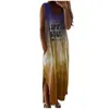 T-shirts pour femmes Top Vente Tie-Dye Lettre Imprimer Femmes Été Robe sans manches Tops Vêtements de sport 2023 V-Col Maxi avec poche