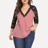 Koszula Plus size kobiety szyfonowe damskie wierzch koronkowe 3/4 rękawy czarne bluzki swobodne nieregularne patchwork streetwear femme