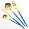 Servis uppsättningar 40st Blue Gold Cutlery Set rostfritt stål Silverknivar Fork Kaffekon Flatvaror Kök Middagsbeteckna