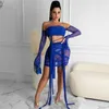 Abiti da lavoro Sexy See Through Women Sets Summer Holidays Mesh 2PCS Set Flare Sleeve Bandage Crop Top Mini Gonne Night Club Partywear