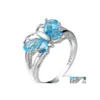 Med sidogonter 10 stycken 1 Lot LuckyShine Blue Red Topaz 925 Sterling Sier Butterfly Rings Set Women Cubic Zirconia Holiday Gift DHSDM