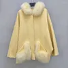 Manteau réel de styliste coréen en fourrure pour femmes, col élégant, naturel avec capuche