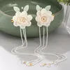 Hårsmycken Forseven Chinese Style White Flower Leaf Pearls Long Tassel Hairpin Clips Headpieces Hanfu Dress Decorative