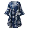 Casual Dresses Summer For Women Plus Size Print O Collar Crewneck 3/4 Bell Sleeve Loose Tunic Dress Elegant