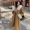Women's Wool 2023 Vintage Mustard Color Luxury Real Fur Hooded X-long Oversize Woolen Coats Outerwear