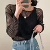 Women's Sweaters Korean Chic Summer French Retro Sexy Perspective Hollow Out Sweater Long-sleeved Short Knitted Pullover And Tank 2-piece Se