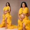 Gelbe sexy Rüschen Entmütterlichkeitskleid gestufte Roben für Fotoshooting oder Babyparty Chic Women Prom Kleider gegen Nackenfotografie Robe Pregancy Wraps 403