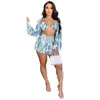 Kvinnors träningsdräkter 3 -stycken Set Swimsuit Women Shorts Suits 2023 Summer Tracksuit Halter Bra Long Sleeve Shirt Topps Loose DrawString Short