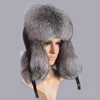 Berets Real Fur 2023 Winter Genuine Silver Hats Men Raccoon Lei Feng Cap For Russian Bomber With Leather Warm