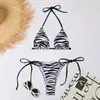 Women's Swimwear Zebra Striped Halter Triangle Bikini Set Push-up Bra Low Waist Panties Women Micro Thong Bikinis 2023 Mujer String Swimsuit